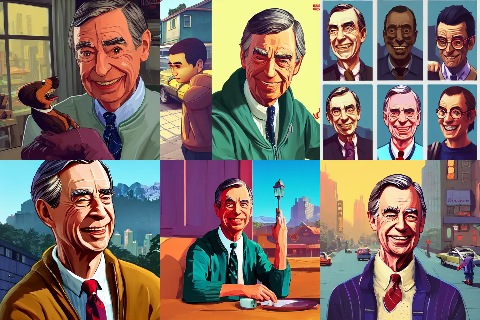 Prompt: mister rogers close - up, gta 5 cover art, borderlands style, celshading, trending on artstation, by rhads, andreas rocha, rossdraws, makoto shinkai, laurie greasley, lois van baarle, ilya kuvshinov and greg rutkowski