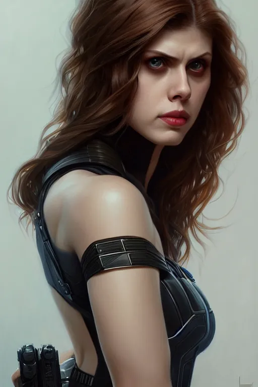 Image similar to alexandra daddario as black widow, realistic portrait, symmetrical, highly detailed, digital painting, artstation, concept art, smooth, sharp focus, illustration, cinematic lighting, art by artgerm and greg rutkowski and alphonse mucha