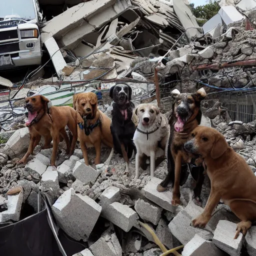 Prompt: seven eager dogs, standing in a rubble after a building collapsed, journalistic photograph.