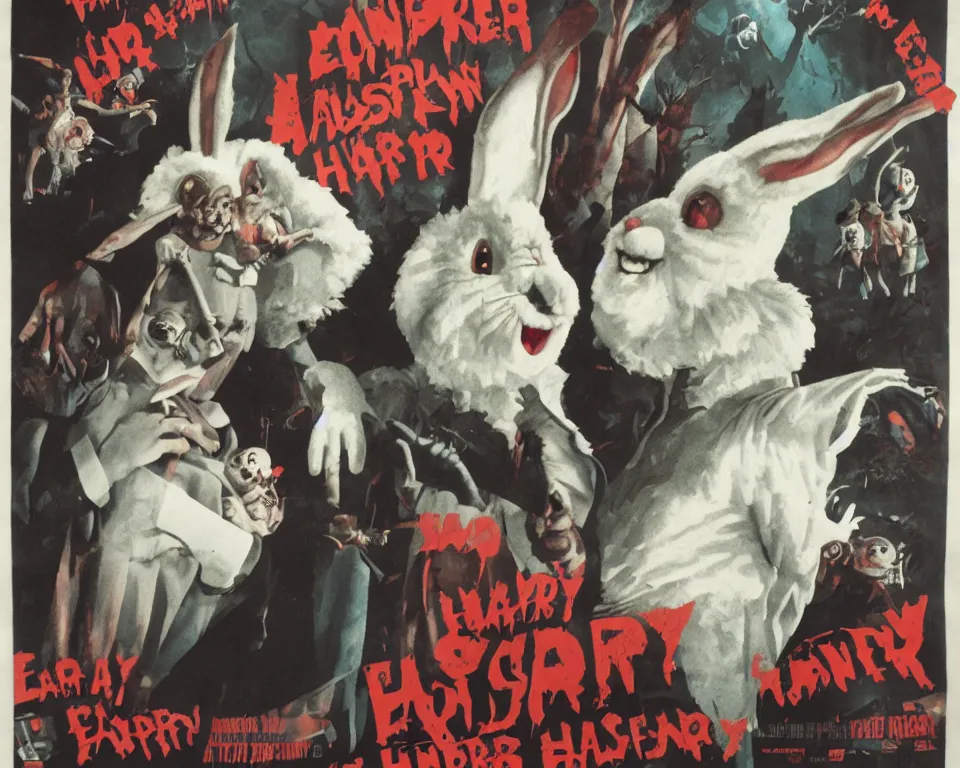 Prompt: a horror movie poster featuring the Easter Bunny