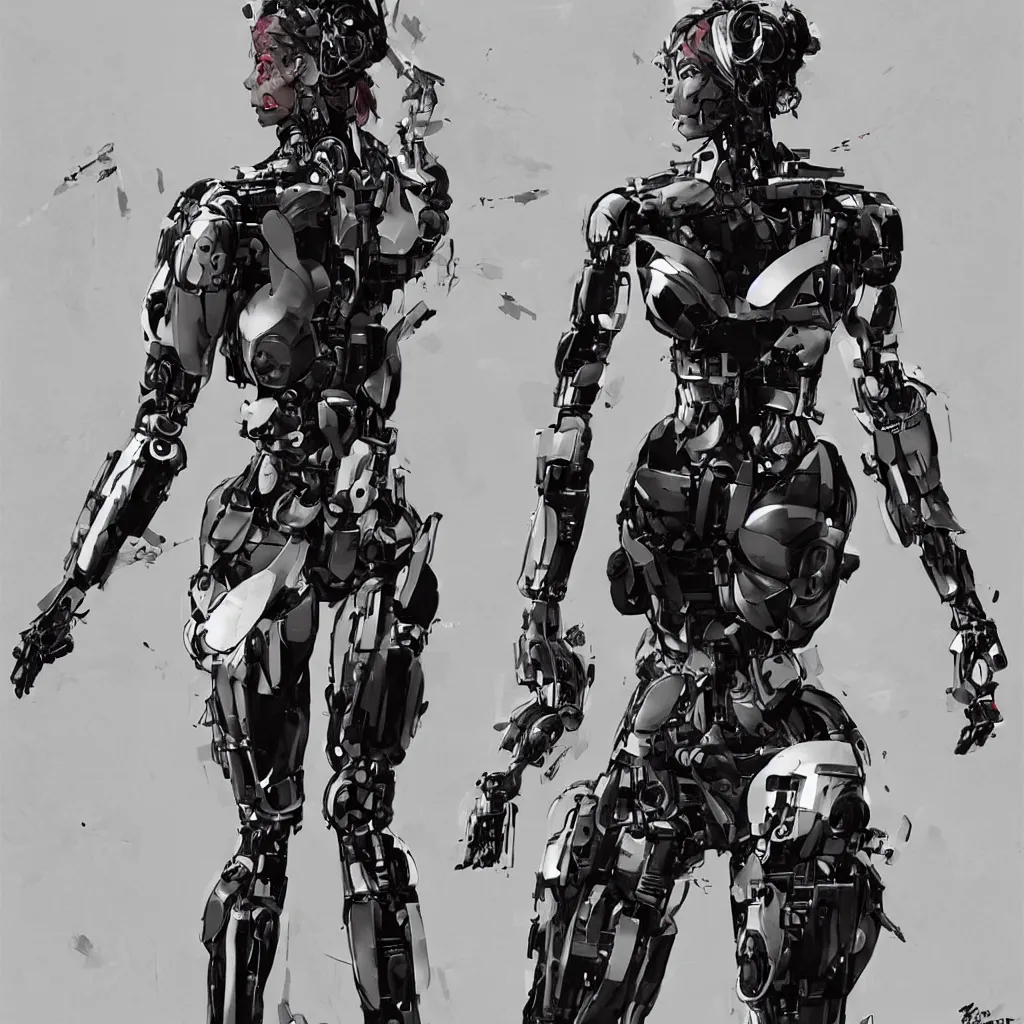 Prompt: a beautiful full body of a female robot. art by yoji shinkawa and sandra chevrier, trending on artstation, award - winning, perfect composition.