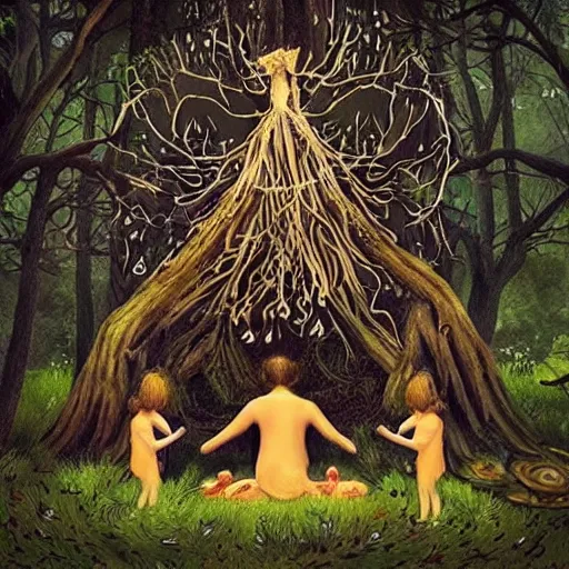 Prompt: “ forest childs making ritual in the forest, intricate, artwork, illustration, fantasy, digital art ”