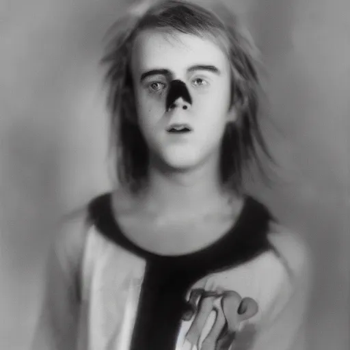 Prompt: a black and white wetplate photograph yearbook portrait of beetlejuice as a teenager