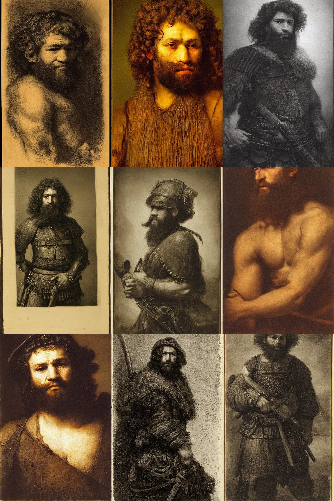 Prompt: portrait of a jewish warrior. rugged young man, very beautiful. big muscles, many scars. cinematic lighting, highly detailed, full body shot. thick long beard. By rembrandt.