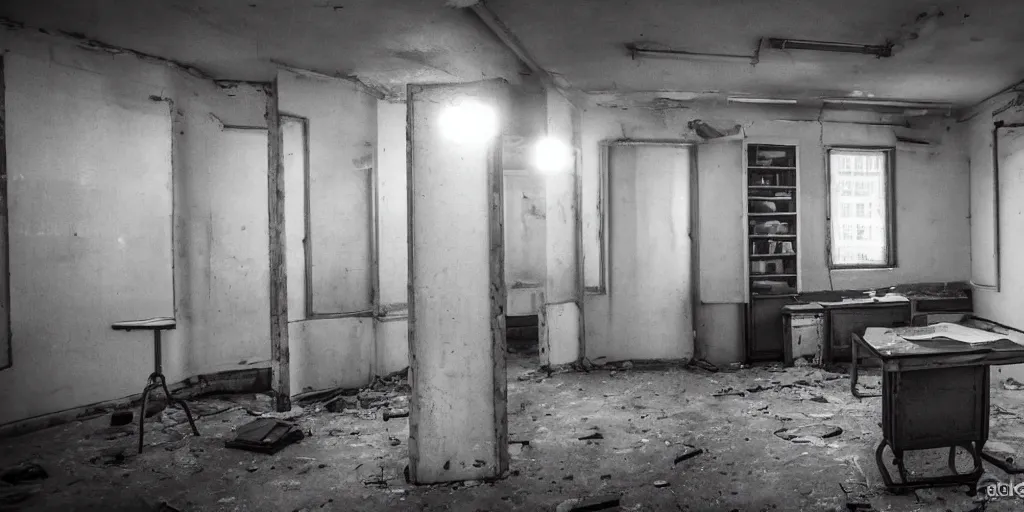 Image similar to grimy grungy abandoned soviet era kgb office, 3 5 mm photography, shallow depth of field, desaturated, high detail, low key