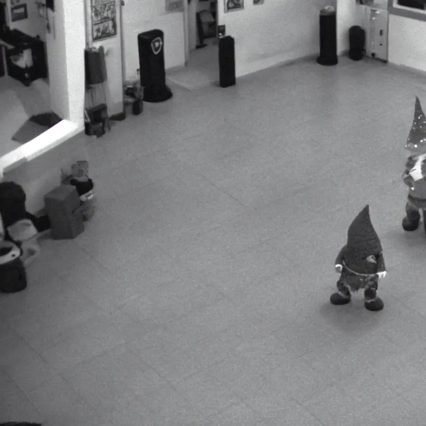 Image similar to cctv footage of a live gnome dancing