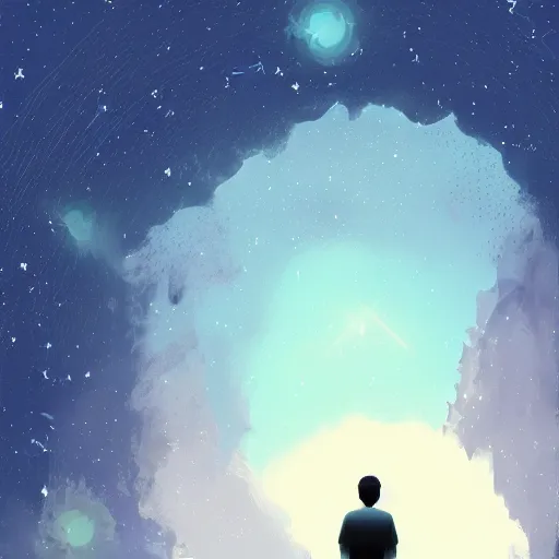 Prompt: silhouette of a man looking at an epic night sky with 3 moons and lots of stars, digital painting, concept art, cinematic