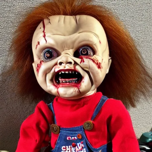 Prompt: Chucky the killer doll on sale at a garage sale