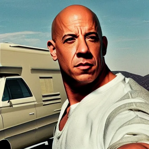 Prompt: Vin Diesel as Walter White, 1986 Fleetwood Bounder RV in the desert background, realistic, cinematic, high detail