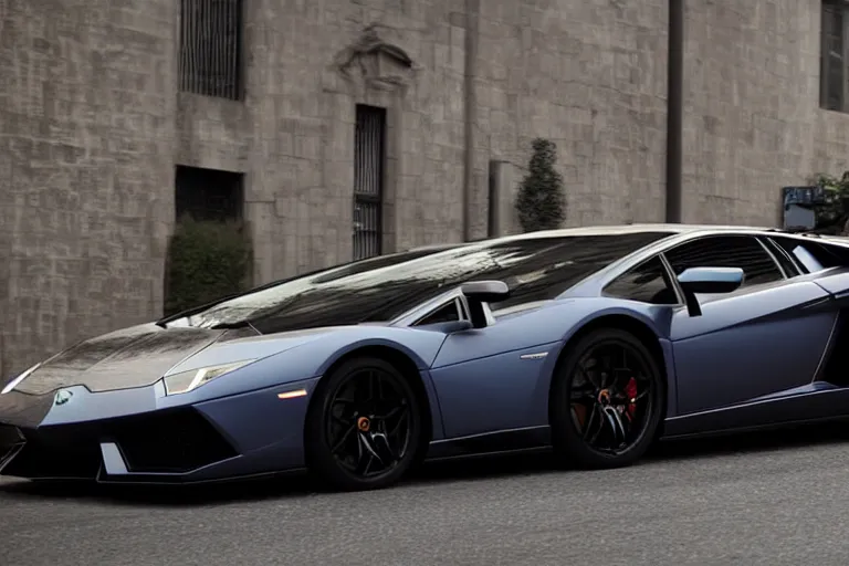 Image similar to A cinematic film still of a Lamborghini in the movie 2012.