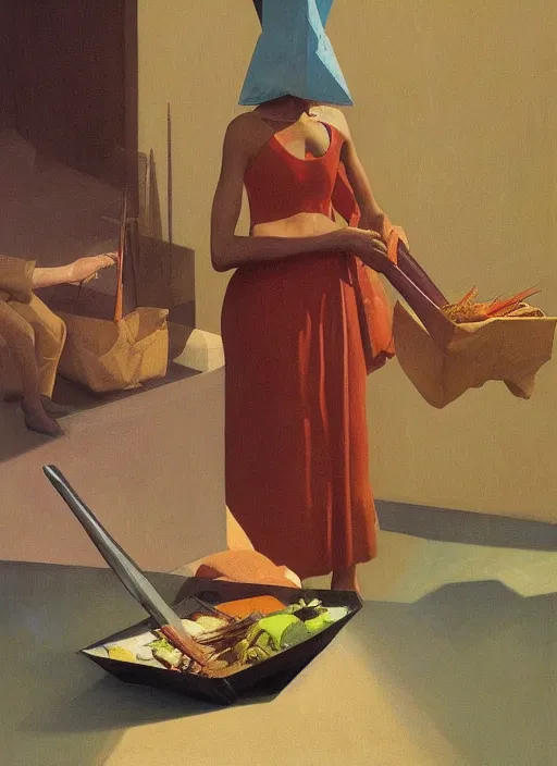 Image similar to women in paper bag over the head and a sward at neo-andean architecture restaurant Edward Hopper and James Gilleard, Zdzislaw Beksinski, highly detailed