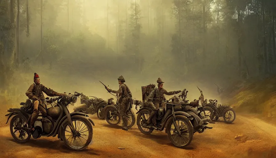 Prompt: british officer driving a motorcycle in 1921 in kerala forest road, tribe members attacking, furious action scene, chase, an epic fantasy, dramatic lighting, cinematic, establishing shot, extremely high detail, photorealistic, cinematic lighting, artstation, by simon stalenhag, horizon forbidden west