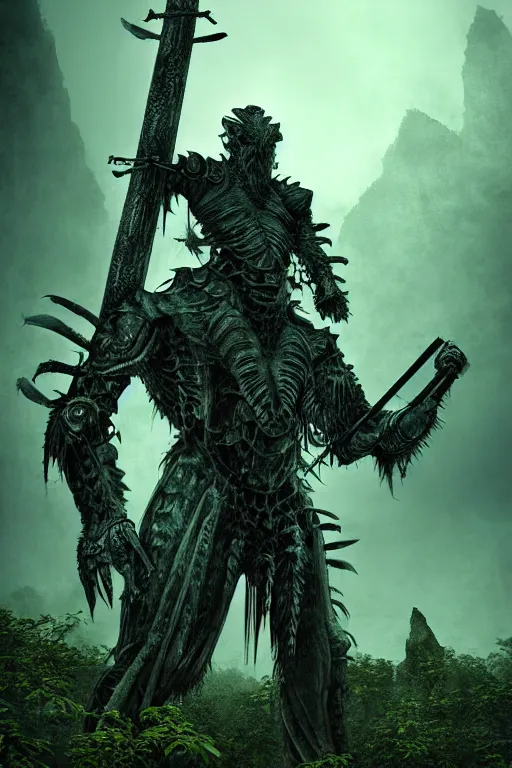 Image similar to post - gothic giant muscular humanoid chimera, exoskeleton armor, holding katana, dystopian ruins covered in vegetation, highly detailed smooth digital art masterpiece, vitaly bulgarov giger dramatic dark teal light, ground angle hd 8 k, sharp focus