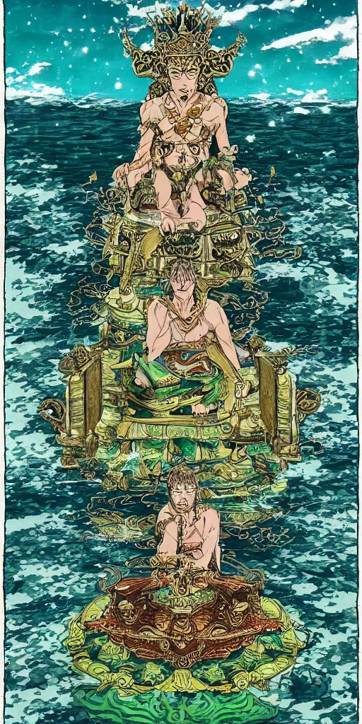 Image similar to a lone emperor sitting on a emerald throne floating on water in the middle of a lake drawn by Makoto Yukimura in the style of Vinland saga anime, full color, detailed, psychedelic, Authority, structure, a father figure, tarot card, The emperor tarot card