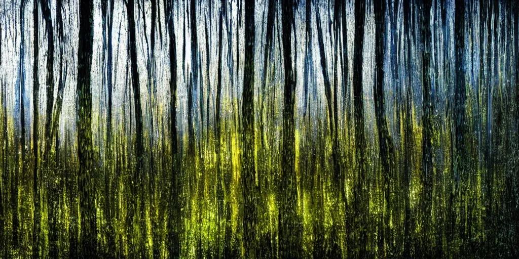 Prompt: Distorted forest covered in a meter of clear translucent material like glass, fantasy art