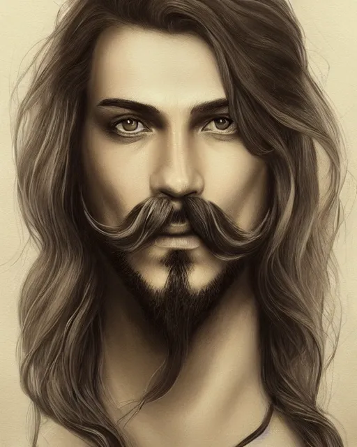 Image similar to a drawing of a man with long hair and a salvador dali mustache, an ultrafine detailed painting by Charlie Bowater, trending on Artstation, digital art, speedpainting, digital painting, artstation hq