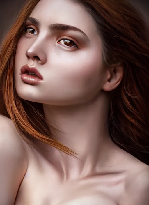 Image similar to high angle photo of a gorgeous young woman in the style of stefan kostic, realistic skin texture, 1 / 2 body crop, 8 5 mm art lens, f 1. 2, sharp focus, 8 k high definition, insanely detailed, intricate, elegant, art by stanley lau and artgerm