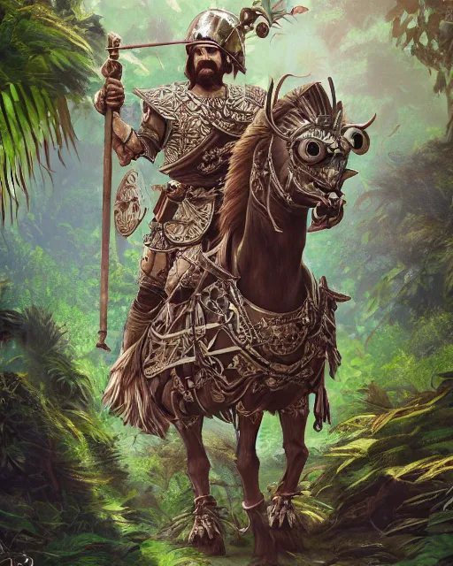 Prompt: 3d render of a spanish conquistador wearing ornate armor in a dense jungle, art by nicola saviori and studio ghibli and disney concept artists, fantasy, intricate, octane, trending on artstation, studio ghibli color scheme, cgsociety, detailed, 8k, concept art, anatomy, symmetric