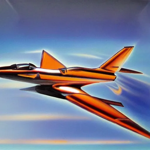 Image similar to Chrome fighter jet, blue and orange chrome, shiny, desert chrome, 19801980s airbrushed chrome