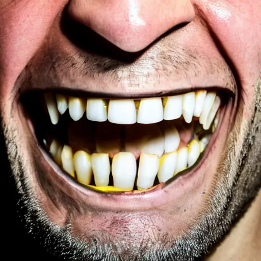 Image similar to scary photograph of a man with yellow decaying teeth, close up photograph taken on an iphone 4, flash lighting in a dark room, 4 k
