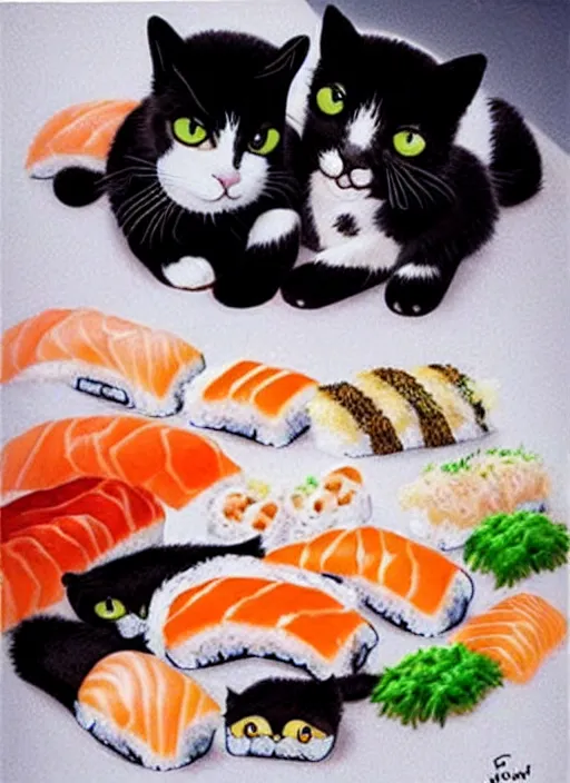 Image similar to clear photorealistic picture of adorable cats made out of sushi