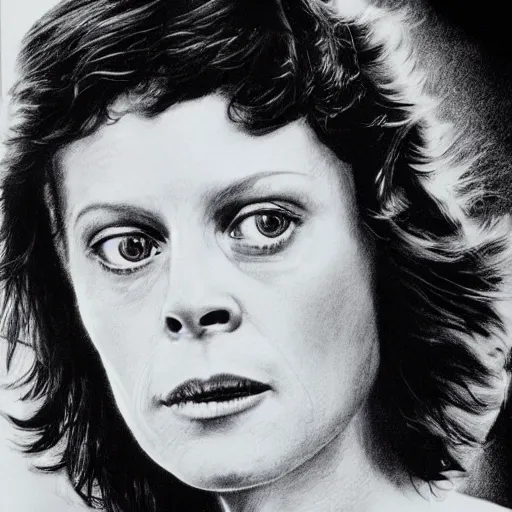 Prompt: sigourney weaver from alien, head and shoulders portrait, extremely detailed masterpiece, one single continues line.