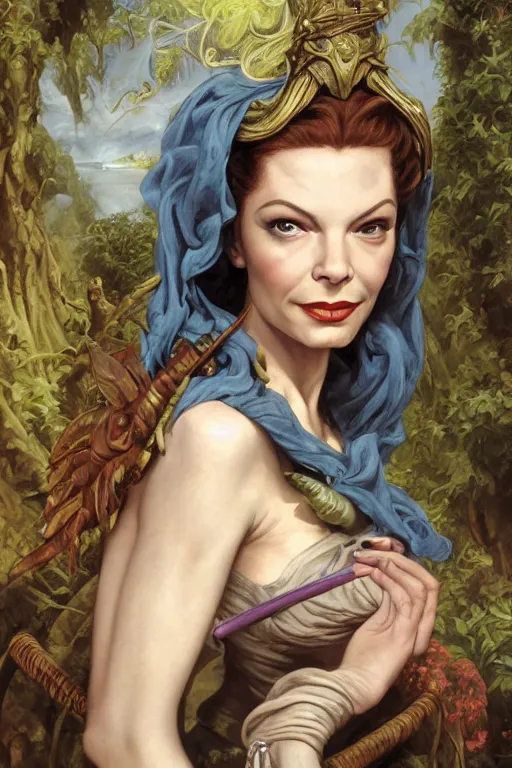 Image similar to A fantasy comic book style portrait painting of Lauren Bacall, hybrid, Susan Hayward, as an Atlantean Reptilian Warrior, François Boucher, Oil Painting, Mystical Valkyrie, unreal 5, DAZ, hyperrealistic, octane render, Regal, Refined, Detailed Digital Art, RPG portrait, William-Adolphe Bouguereau, Michael Cheval, Walt Disney (1937), Steampunk, dynamic lighting, Highly Detailed, Cinematic Lighting, Unreal Engine, 8k, HD