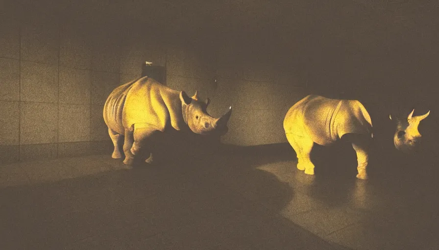 Image similar to a rhinoceros in a public bathroom with yellow tiles floor, mini dv camera found footage, very very low quality picture, heavy grain, heavy jpeg artifact blurry, caught on trail cam, 1 4 4 p