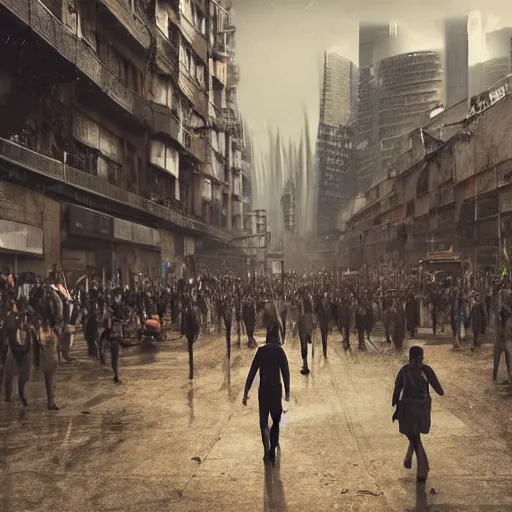 Image similar to hordes of drone-like people aimlessly walking around a depressing dystopian cityscape , trending on artststion, hyper realistic, surreal, melancholic, 8k, upscaled