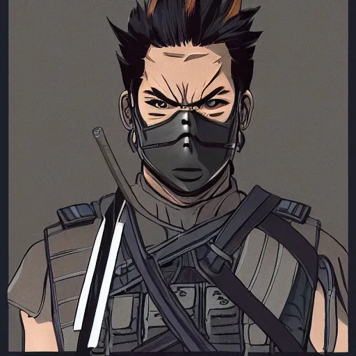 Prompt: a powerful japanese samurai wearing a the mask of solid snake from metal gear, detailed face, highly detailed, face symmetry, character concept portrait by moebius and laurie greasley, colorful, profile picture, 8 k, cinematic color grading