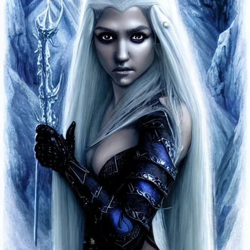 Image similar to head and shoulders portrait of an obsidian - skinned, white - haired drow elf spider wizard portrayed by young jessica alba, in a crystal cavern, d & d, fantasy, luis royo, magali villeneuve, donato giancola, wlop, krenz cushart