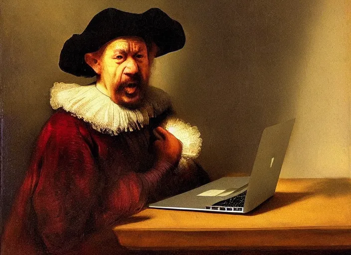 Prompt: angry man and macbook pro. painting by rembrandt