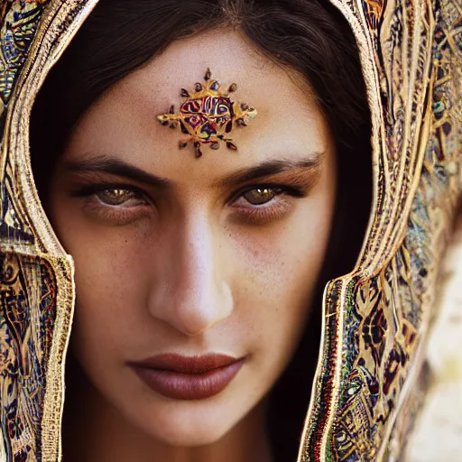 Image similar to portrait of a stunningly beautiful arabic tribal female, depth of field, zeiss lens, detailed, symmetrical, centered, fashion photoshoot, by Annie Leibovitz and Steve McCurry, David Lazar, Jimmy Nelsson, Breathtaking, 8k resolution, extremely detailed, beautiful, establishing shot, artistic, hyperrealistic, beautiful face, octane render
