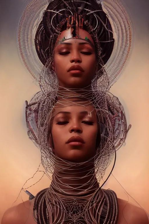 Prompt: a centered render of an alluring mystical tribal goddess adorned with cables and synthesizer parts is surrounded by sacred geometry, full body, gorgeous face, perfect face, powerful, cinematic, beautifully lit, by artgerm, by karol bak, 3 d, trending on artstation, octane render, 8 k