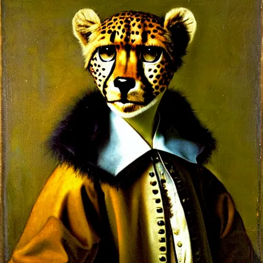 Prompt: A portrait of a steampunk anthropomorphic cheetah by Vermeer.