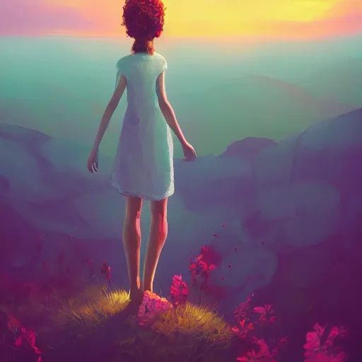 Image similar to closeup, giant flower head, girl standing on cliff, surreal photography, sunrise, blue sky, dramatic light, impressionist painting, digital painting, artstation, simon stalenhag