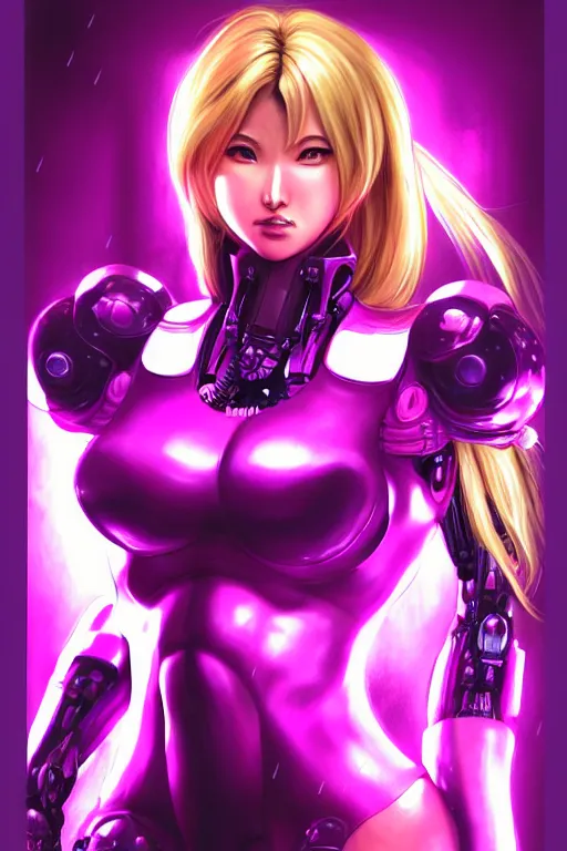 Image similar to 3 / 4 portrait of samus aran, kowloon cyberpunk cityscape, biomechanical oppai, rain, purple and pink and black neon lighting, by artgerm and clay mann and sorayama and alphonse mucha, trending on artstation