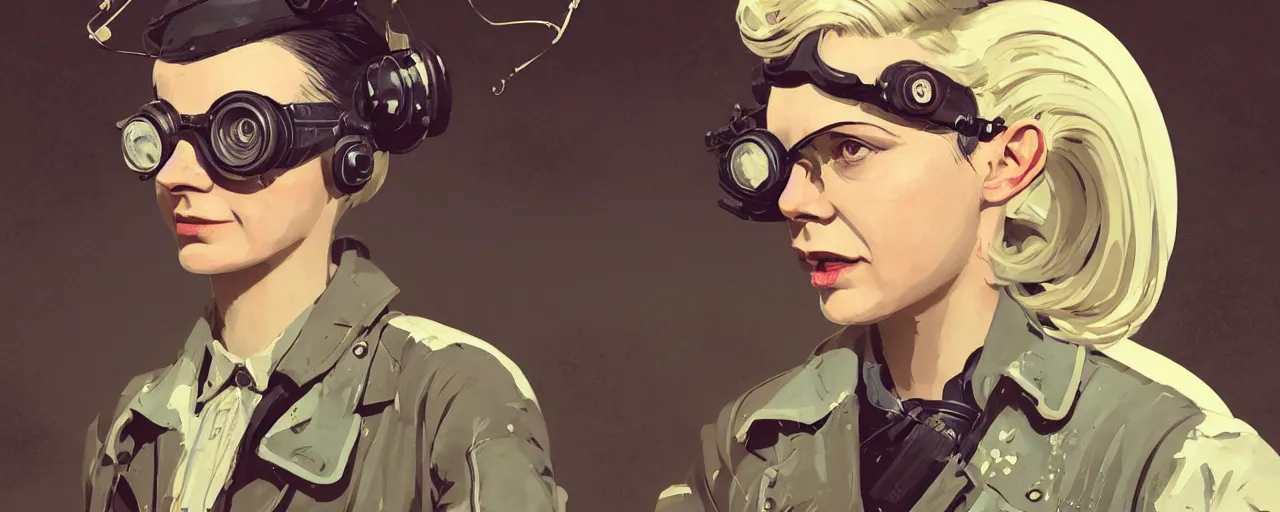 Image similar to vintage illustration 3 / 4 portrait of stoic heroic emotionless butch blonde woman engineer with short slicked - back hair, wearing victorian goggles, no makeup, awkward and uncomfortable and anxious, dirty, dynamic composition by sachin teng and sergey kolesov and ron cobb. industrial space program, scifi, hyper detailed. octane render. concept art. trending on artstation