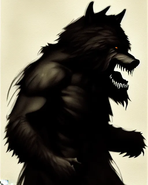 Prompt: in the style of artgerm, rembrandt, rafael albuquerque, anders zorn, large hairy werewolf in a shopping mall at night, moody lighting, horror scary terror