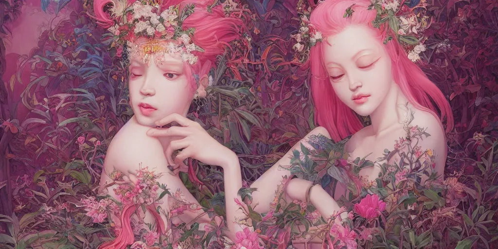 Image similar to breathtaking detailed concept art painting of the goddess of flamingo with pink hair, orthodox saint, with anxious, piercing eyes, ornate background, amalgamation of leaves and flowers, by Hsiao-Ron Cheng and John James Audubon and Miho Hirano, extremely moody lighting, 8K