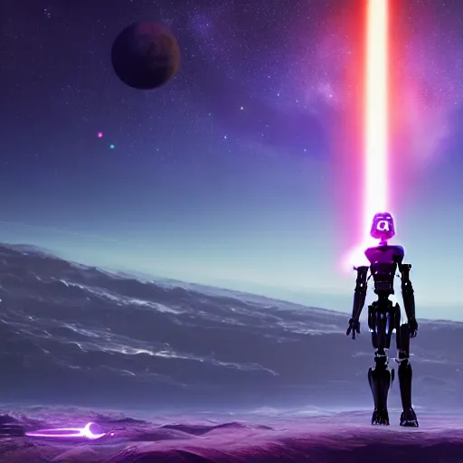 Image similar to humanoid robot in fighting stance wielding lightsaber in front of a violet planet in the sky, unreal engine, featured on cgsociety, trending on artstation, detailed, scifi futuristic character concept, simon stalenhag, movie still, octane render, hubble telescope, violet planet, stars, hyperrealistic, cinematic, by weta digital, epic action pose