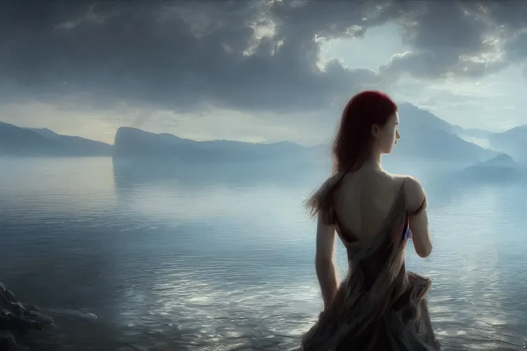 Image similar to first person perspective of a woman looking at her hands full of rings, the woman is reflected in the water of a lake, in the style of ruan jia, illustration, epic, fantasy, hyper detailed, smooth, unreal engine, sharp focus, ray tracing