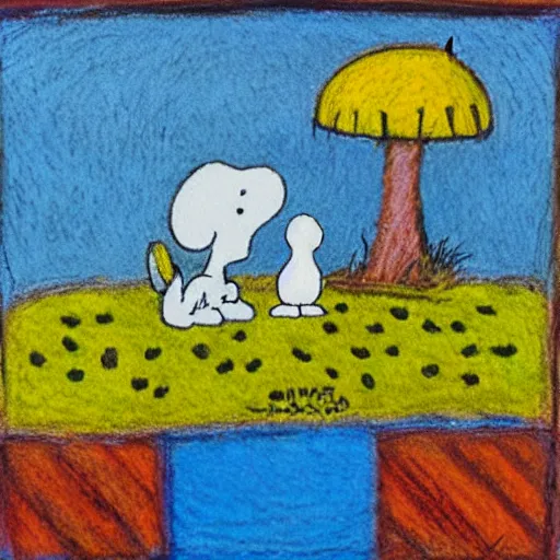 Image similar to snoopy and woodstock by dora carrington, oil pastels