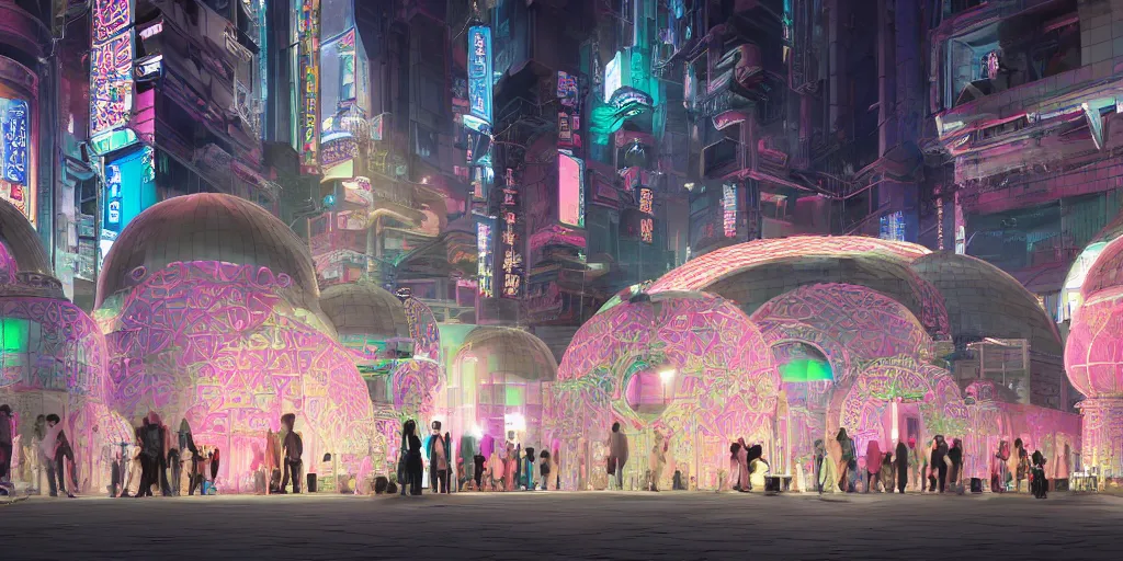 Prompt: Photorealistic cyberpunk mosque in crowded Tokyo night, with great domes and arches, cyan and pink neon lights, people and androids wearing traditional japanese clothing. Hyperdetailed photorealism, UHD, amazing depth, glowing rich colors, golden ration, 3D octane cycle unreal engine 5, 3d shading, cinematic lighting, artstation concept art