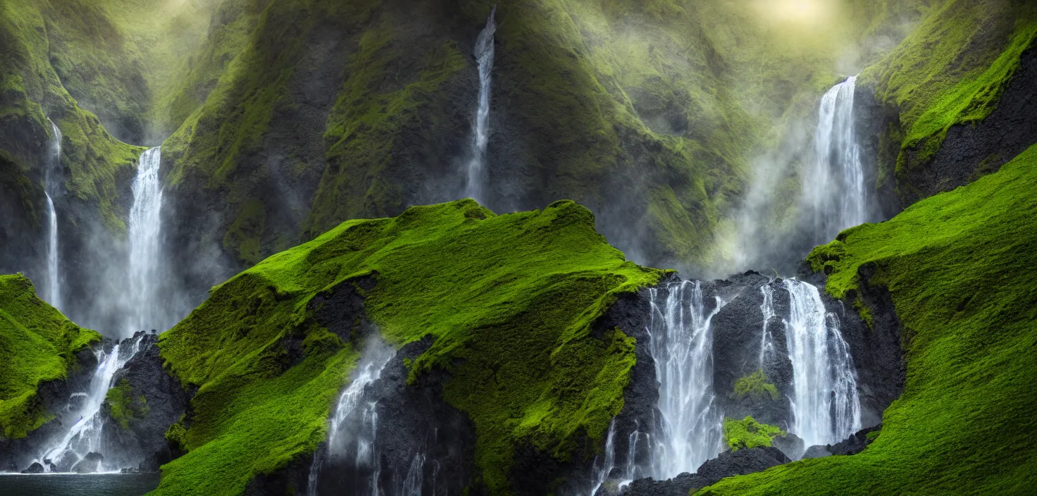 Image similar to a waterfall in the middle of a mountain range, a detailed matte painting by hallsteinn sigurðsson, shutterstock contest winner, naturalism, uhd image, creative commons attribution