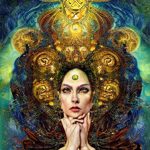 Image similar to Divine Chaos Engine by Karol Bak, Jean Deville, Gustav Klimt, and Vincent Van Gogh, beautiful visionary mystical portrait, sacred, otherworldly, fractal structures, ornate gilded medieval icon, third eye, spirals