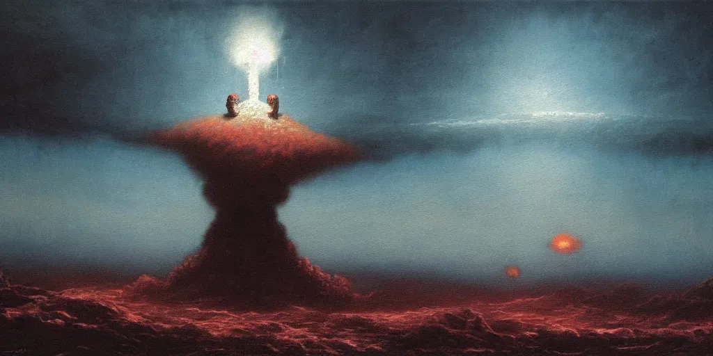 Prompt: tdonald trump sitting on atomic bomb in the sky , very textured detailed panoramic oil painting by beksinski , hard backlight , in dark cave