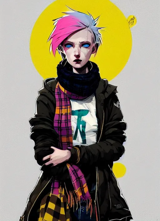 Image similar to highly detailed portrait of a sewer punk lady student, blue eyes, tartan hoodie and scarf, white hair by atey ghailan, by greg rutkowski, by greg tocchini, by james gilleard, by joe fenton, by kaethe butcher, gradient yellow, black, brown and pink color scheme, grunge aesthetic!!! ( ( graffiti tag wall background ) )