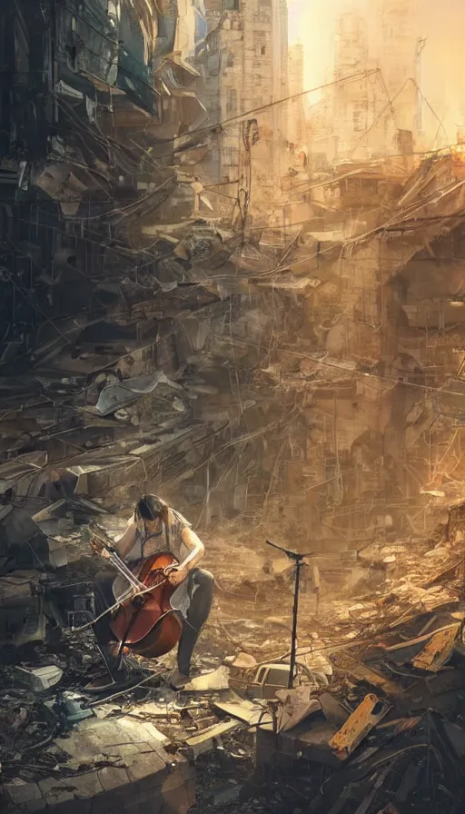 Image similar to a cellist playing in the rubble of a fallen cyberpunk city looming above him, beautifully lit, concept art, sharp focus, a digital illustration by sam spratt and salvidor dali