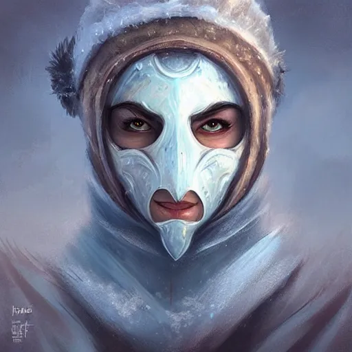 Image similar to “ fantasy, snow bandit ‘ icewind dale ’ with face mask, ice gem, ‘ icewind dale 2 ’ profile portrait by ‘ justin sweet ’, soft focus, illustrated, oil paint, artstation ”